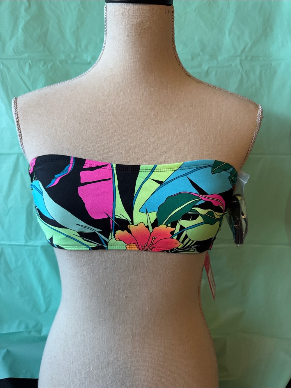Xhilaration Black Tropical Bandeau Bikini Top with Neon Floral Print
